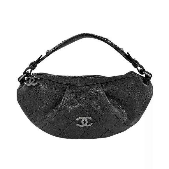 Auth CHANEL Shoulder Bag Black Leather/Silvertone - Picture 1 of 14